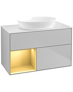 Villeroy und Boch Finion Waschtischunterschrank FA11HFGJ 100cm, Abdeckplatte white matt, Regale Gold matt lacquer, Light grey matt