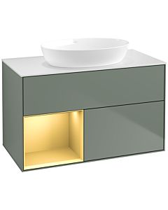 Villeroy und Boch Finion Villeroy und Boch FA11HFGM 100cm, plaque de recouvrement blanc mat, étagères laqué mat or, Olive Matt Lacquer