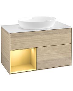 Villeroy und Boch Finion Villeroy und Boch FA11HFPC 100cm, plaque de recouvrement blanc mat, étagères laqué mat or, Oak Veneer