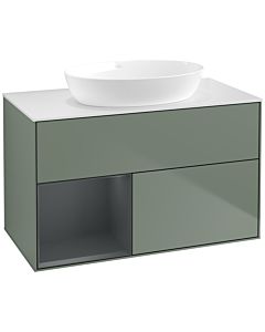 Villeroy und Boch Finion Waschtischunterschrank FA11HGGM 100cm, Abdeckplatte white matt, Regale Midnight matt lacquer, Olive Matt Lacquer