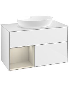 Villeroy und Boch Finion Waschtischunterschrank FA11HHGF 100cm, Abdeckplatte white matt, Regale sand matt lacquer, Glossy white lacquer