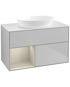 Villeroy und Boch Finion Waschtischunterschrank FA11HHGJ 100cm, Abdeckplatte white matt, Regale sand matt lacquer, Light grey matt
