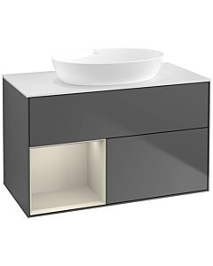 Villeroy und Boch Finion Waschtischunterschrank FA11HHGK 100cm, Abdeckplatte white matt, Regale sand matt lacquer, Anthracite matt