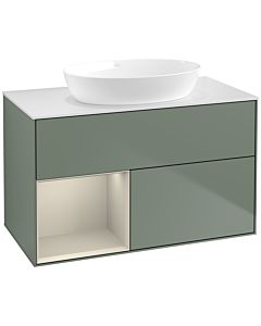 Villeroy und Boch Finion Waschtischunterschrank FA11HHGM 100cm, Abdeckplatte white matt, Regale sand matt lacquer, Olive Matt Lacquer
