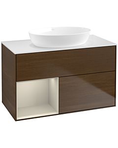 Villeroy und Boch Finion Waschtischunterschrank FA11HHGN 100cm, Abdeckplatte white matt, Regale sand matt lacquer, Walnut veneer