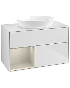 Villeroy und Boch Finion Waschtischunterschrank FA11HHMT 100cm, Abdeckplatte white matt, Regale sand matt lacquer, White matt lacquer