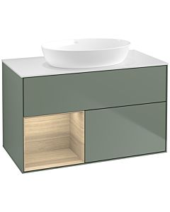 Villeroy und Boch Finion Waschtischunterschrank FA11PCGM 100cm, Abdeckplatte white matt, Regale Oak Veneer, Olive Matt Lacquer
