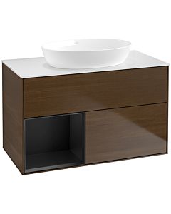 Villeroy und Boch Finion Waschtischunterschrank FA11PDGN 100cm, Abdeckplatte white matt, Regale Black matt lacquer, Walnut veneer