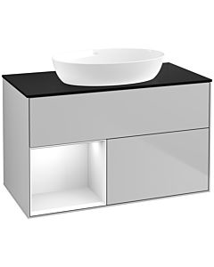 Villeroy und Boch Finion Waschtischunterschrank FA12GFGJ 100cm, Abdeckplatte black matt, Regale Glossy white lacquer, Light grey matt