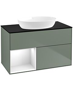 Villeroy und Boch Finion Villeroy und Boch FA12GFGM 100cm, plaque de recouvrement noir mat, étagères Laque blanche brillante, Olive Matt Lacquer