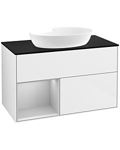 Villeroy und Boch Finion Waschtischunterschrank FA12GJGF 100cm, Abdeckplatte black matt, Regale Light grey matt lacquer, Glossy white lacquer