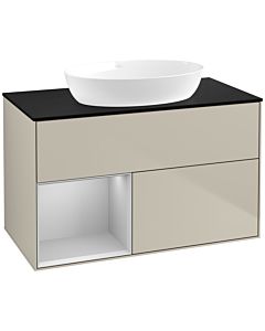 Villeroy und Boch Finion Waschtischunterschrank FA12GJHH 100cm, Abdeckplatte black matt, Regale Light grey matt lacquer, Sand Matt Lacquer