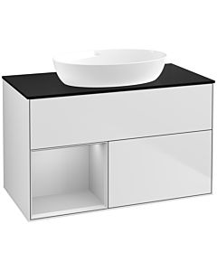 Villeroy und Boch Finion Waschtischunterschrank FA12GJMT 100cm, Abdeckplatte black matt, Regale Light grey matt lacquer, White matt lacquer