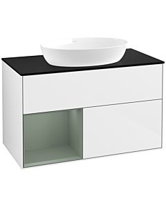 Villeroy und Boch Finion Waschtischunterschrank FA12GMGF 100cm, Abdeckplatte black matt, Regale Olive matt lacquer, Glossy white lacquer
