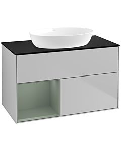 Villeroy und Boch Finion Villeroy und Boch FA12GMGJ 100cm, plaque de recouvrement noir mat, étagères laqué olive mat, gris clair mat