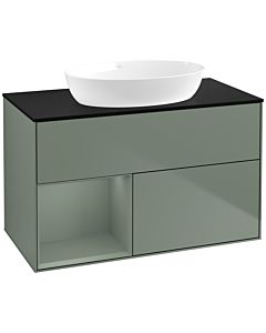 Villeroy und Boch Finion Waschtischunterschrank FA12GMGM 100cm, Abdeckplatte black matt, Regale Olive matt lacquer, Olive Matt Lacquer