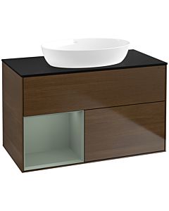 Villeroy und Boch Finion Villeroy und Boch FA12GMGN 100cm, plaque de recouvrement noir mat, étagères laqué olive mat, placage noyer