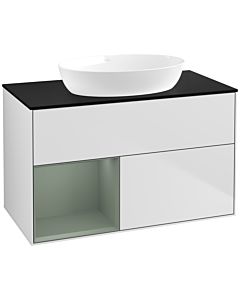 Villeroy und Boch Finion Waschtischunterschrank FA12GMMT 100cm, Abdeckplatte black matt, Regale Olive matt lacquer, White matt lacquer