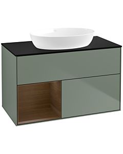 Villeroy und Boch Finion Waschtischunterschrank FA12GNGM 100cm, Abdeckplatte black matt, Regale Walnut Veneer, Olive Matt Lacquer
