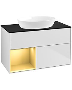 Villeroy und Boch Finion Waschtischunterschrank FA12HFMT 100cm, Abdeckplatte black matt, Regale Gold matt lacquer, White matt lacquer