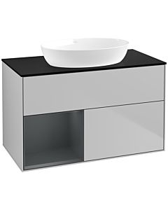 Villeroy und Boch Finion Waschtischunterschrank FA12HGGJ 100cm, Abdeckplatte black matt, Regale Midnight matt lacquer, Light grey matt