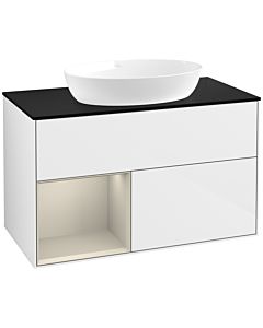 Villeroy und Boch Finion Villeroy und Boch FA12HHGF 100cm, plaque de recouvrement noir mat, étagères laqué sable mat, laqué blanc brillant