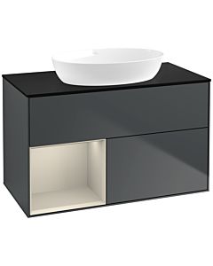 Villeroy und Boch Finion Waschtischunterschrank FA12HHHG 100cm, Abdeckplatte black matt, Regale sand matt lacquer, Midnight Blue Matt Lacquer