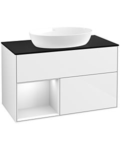 Villeroy und Boch Finion Villeroy und Boch FA12MTGF 100cm, plaque de recouvrement noir mat, étagères laqué blanc mat, laqué blanc brillant