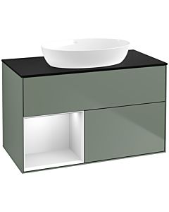 Villeroy und Boch Finion Waschtischunterschrank FA12MTGM 100cm, Abdeckplatte black matt, Regale White matt lacquer, Olive Matt Lacquer