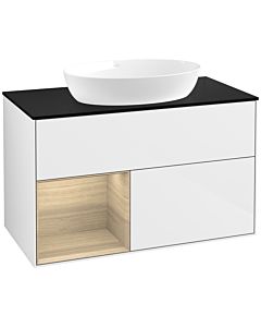 Villeroy und Boch Finion FA12PCGF 100cm, plaque de recouvrement noire mate, étagères Oak Veneer , laqué blanc brillant