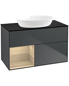 Villeroy und Boch Finion Waschtischunterschrank FA12PCHG 100cm, Abdeckplatte black matt, Regale Oak Veneer, Midnight Blue Matt Lacquer