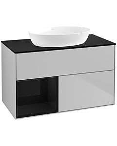 Villeroy und Boch Finion Waschtischunterschrank FA12PHGJ 100cm, Abdeckplatte black matt, Regale Glossy black lacquer, Light grey matt