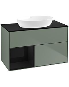 Villeroy und Boch Finion Waschtischunterschrank FA12PHGM 100cm, Abdeckplatte black matt, Regale Glossy black lacquer, Olive Matt Lacquer