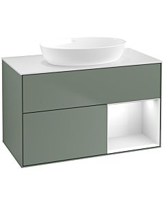 Villeroy und Boch Finion Waschtischunterschrank FA21GFGM 100cm, Abdeckplatte white matt, Regale Glossy white lacquer, Olive Matt Lacquer