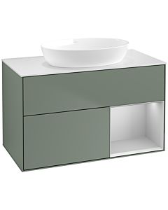Villeroy und Boch Finion Waschtischunterschrank FA21GJGM 100cm, Abdeckplatte white matt, Regale Light grey matt lacquer, Olive Matt Lacquer