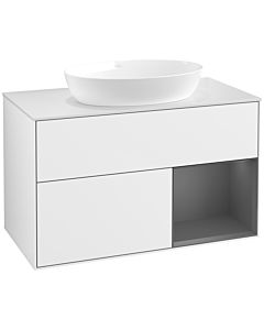 Villeroy und Boch Finion Waschtischunterschrank FA21GKGF 100cm, Abdeckplatte white matt, Regale Anthracite matt lacquer, Glossy white lacquer
