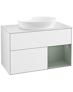 Villeroy und Boch Finion Waschtischunterschrank FA21GMGF 100cm, Abdeckplatte white matt, Regale Olive matt lacquer, Glossy white lacquer