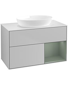 Villeroy und Boch Finion Waschtischunterschrank FA21GMGJ 100cm, Abdeckplatte white matt, Regale Olive matt lacquer, Light grey matt