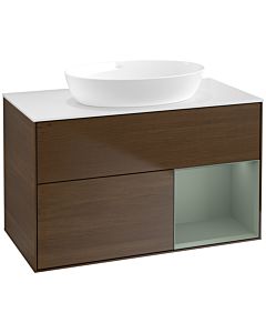 Villeroy und Boch Finion Villeroy und Boch FA21GMGN 100cm, plaque de recouvrement blanc mat, étagères laqué mat olive, placage noyer