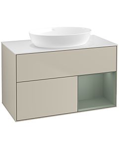 Villeroy und Boch Finion Waschtischunterschrank FA21GMHH 100cm, Abdeckplatte white matt, Regale Olive matt lacquer, Sand Matt Lacquer