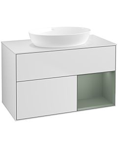 Villeroy und Boch Finion Waschtischunterschrank FA21GMMT 100cm, Abdeckplatte white matt, Regale Olive matt lacquer, White matt lacquer