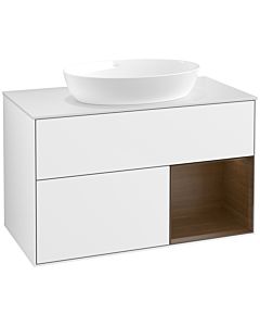 Villeroy und Boch Finion Waschtischunterschrank FA21GNGF 100cm, Abdeckplatte white matt, Regale Walnut Veneer, Glossy white lacquer