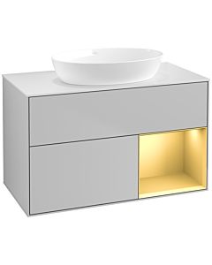 Villeroy und Boch Finion Villeroy und Boch FA21HFGJ 100cm, plaque de recouvrement blanc mat, étagères laqué or mat, gris clair mat