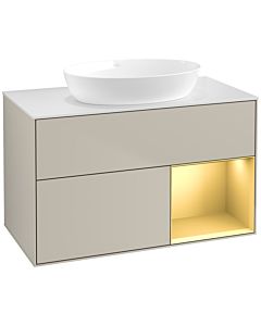 Villeroy und Boch Finion FA21HFHH 100cm, plaque de recouvrement blanc mat, étagères laqué mat or, Sand Matt Lacquer