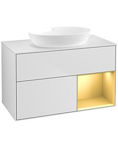 Villeroy und Boch Finion Villeroy und Boch FA21HFMT 100cm, plaque de recouvrement blanc mat, étagères laqué or mat, laqué blanc mat