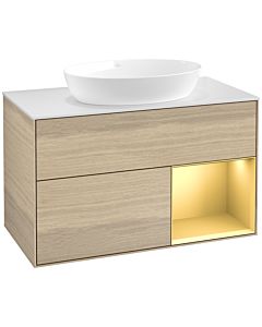 Villeroy und Boch Finion Villeroy und Boch FA21HFPC 100cm, plaque de recouvrement blanc mat, étagères laqué mat or, Oak Veneer