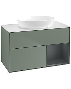 Villeroy und Boch Finion Waschtischunterschrank FA21HGGM 100cm, Abdeckplatte white matt, Regale Midnight matt lacquer, Olive Matt Lacquer