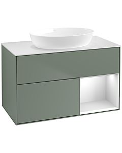 Villeroy und Boch Finion Villeroy und Boch FA21MTGM 100cm, plaque de recouvrement blanc mat, étagères laqué blanc mat, Olive Matt Lacquer