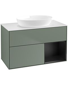 Villeroy und Boch Finion Waschtischunterschrank FA21PDGM 100cm, Abdeckplatte white matt, Regale Black matt lacquer, Olive Matt Lacquer