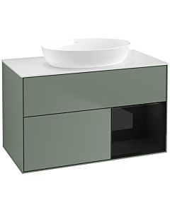 Villeroy und Boch Finion Villeroy und Boch FA21PHGM 100cm, plaque de recouvrement blanc mat, étagères Laque noire brillante, Olive Matt Lacquer